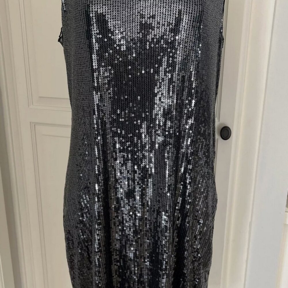 White + Warren Gunmetal Sequin V Neck Dress w/ Mesh Straps and Back Size Large